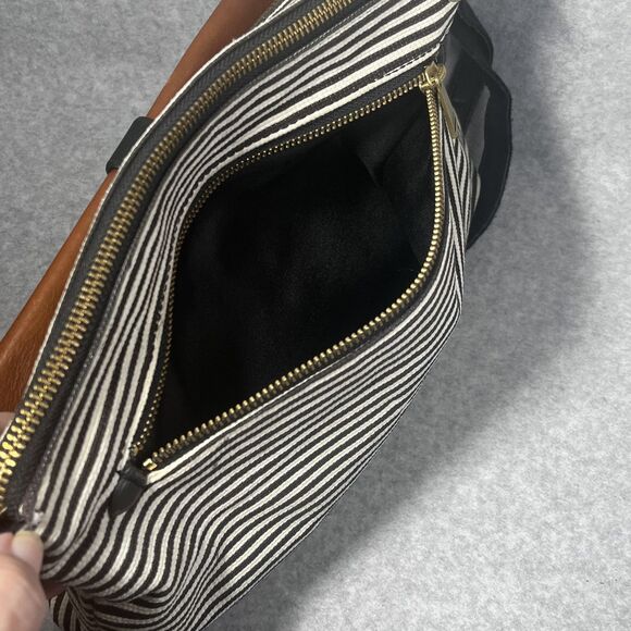Fossil Crossbody Bag Womens Black White Stripe‎ Canvas Brown Leather Pocket Key - Picture 12 of 16